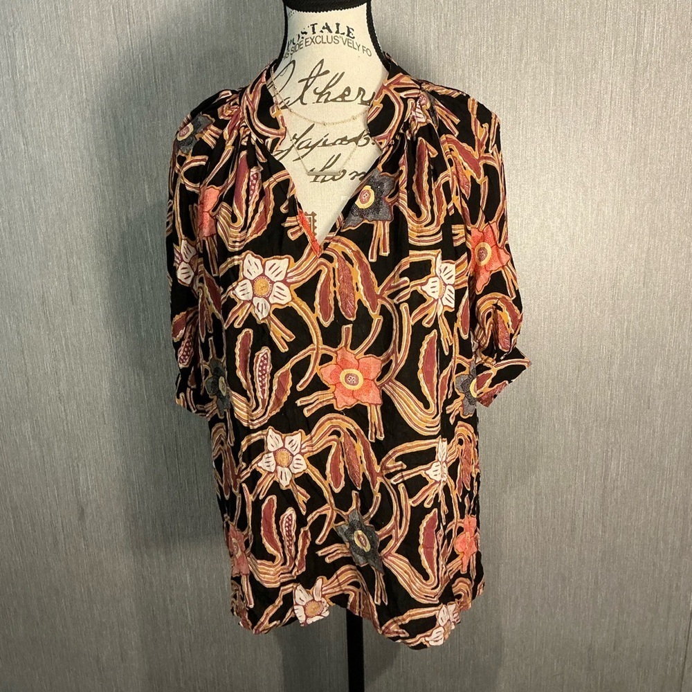 Christian Siriano Black and Orange Floral Blouse Size Large